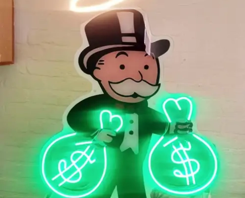 LED Neon Flex sign of the Monopoly man carrying money bags.