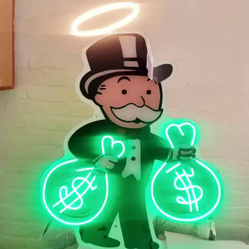 LED Neon Flex sign of the Monopoly man carrying money bags.